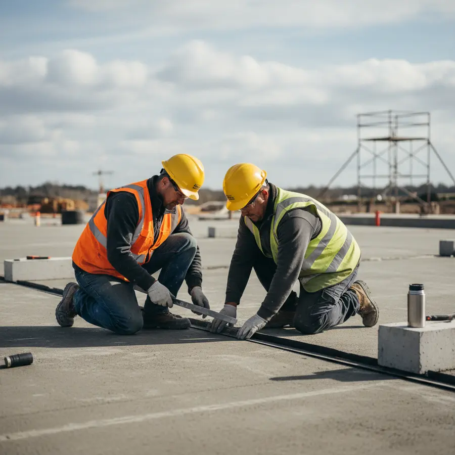 Joint de dilatation dalle béton : Règles, Pose et Utilité - Photo Joint de dilatation dalle béton en cours d'installation sur chantier.