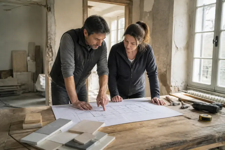 Couple français examinant des plans de rénovation pour leur maison ancienne, dans une pièce baignée de lumière naturelle.