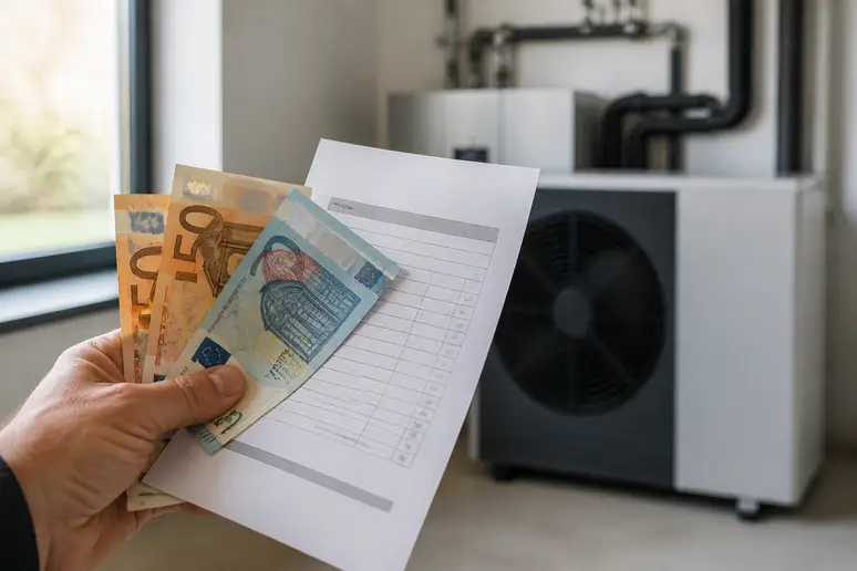 Main tenant des billets et un document sur le montant des aides financières pour l'installation d'une pompe à chaleur.
