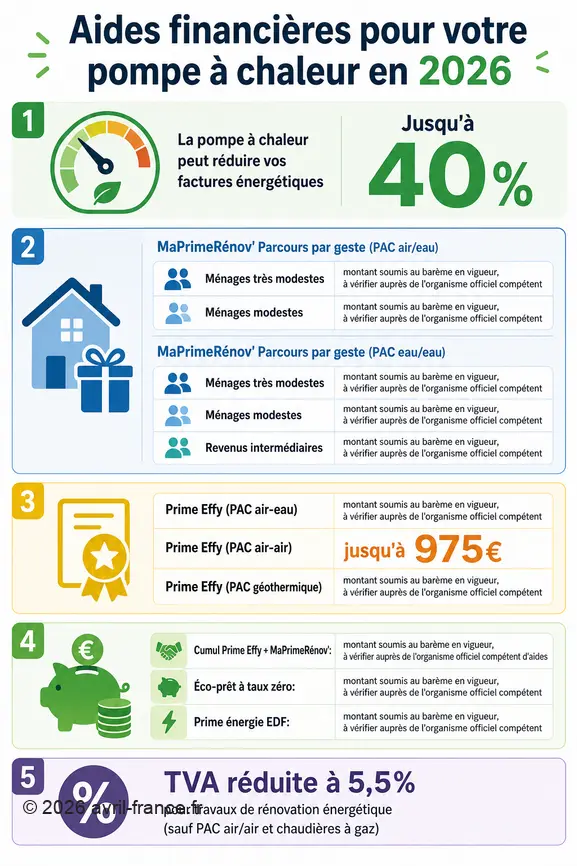 Infographie présentant les aides financières et les économies potentielles pour l'installation d'une pompe à chaleur en 2026.