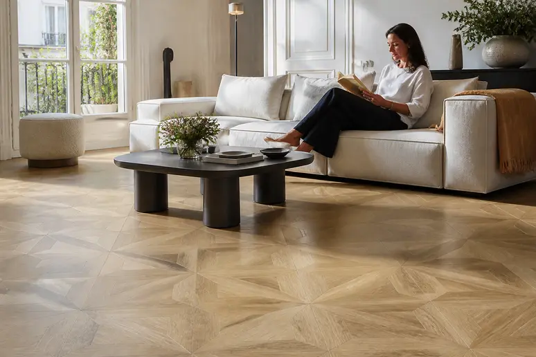 Un salon parisien moderne orné d'un carrelage effet parquet élégant, baigné de lumière naturelle, où une femme lit paisiblement.