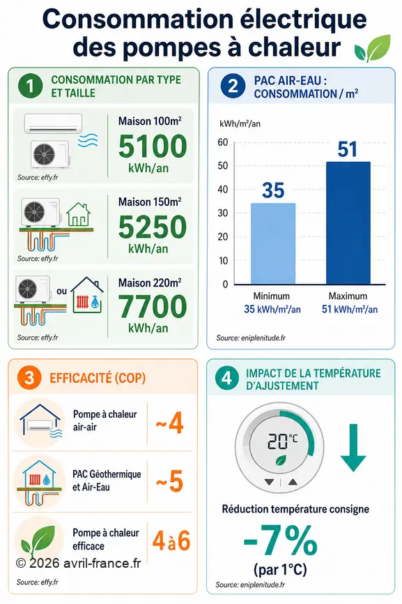 Infographie comparant la consommation électrique des PAC air-air, géothermiques et air-eau selon la taille du logement et le type.