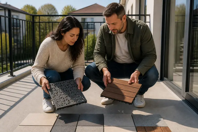 Un couple examine des échantillons de dalles de balcon, comparant le polypropylène et le bois composite pour leur projet.