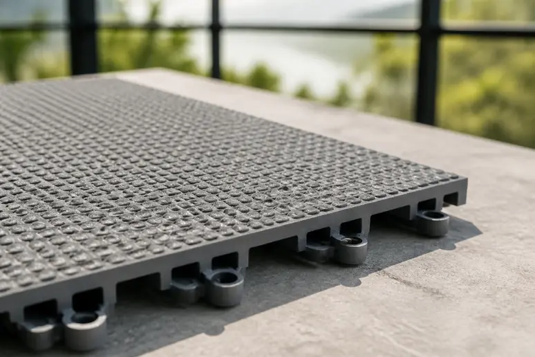 Gros plan sur une dalle de balcon SWISSTRAX, mettant en évidence sa texture et son système de fixation pour une longue durée de vie.