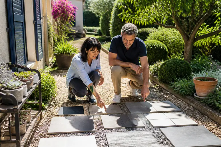 Un couple de propriétaires français examine différentes dalles de jardin pour leur terrasse dans un aménagement paysager extérieur bien entretenu.
