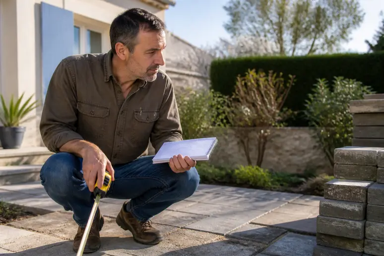 Un homme planifie le budget pour l'achat de dalles de jardin en mesurant une zone pavée dans son jardin.