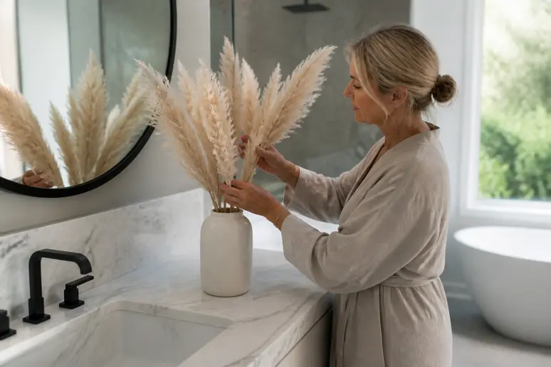 Une femme arrange des herbes de Pampas séchées dans un vase, ajoutant une touche naturelle à la décoration de la salle de bain moderne.