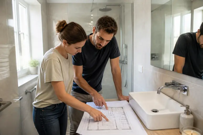 Un couple discute du plan d'une petite salle de bain, optimisant l'espace avec des meubles muraux et des couleurs claires.