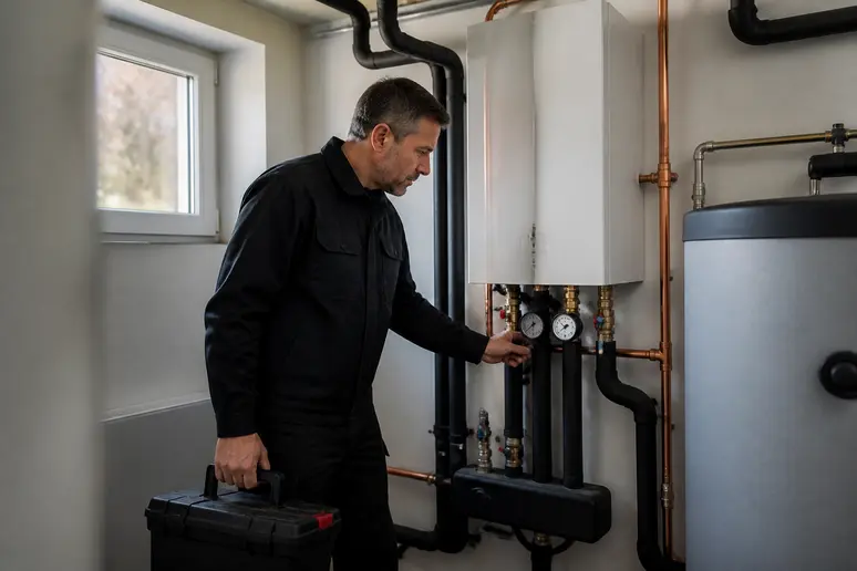 Un technicien qualifié vérifie l'unité intérieure d'une pompe à chaleur air/eau pour assurer son bon fonctionnement.