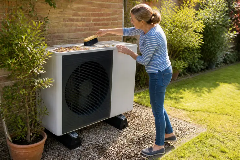 Une propriétaire nettoie délicatement les débris autour de l'unité extérieure de sa pompe à chaleur air/eau dans son jardin.