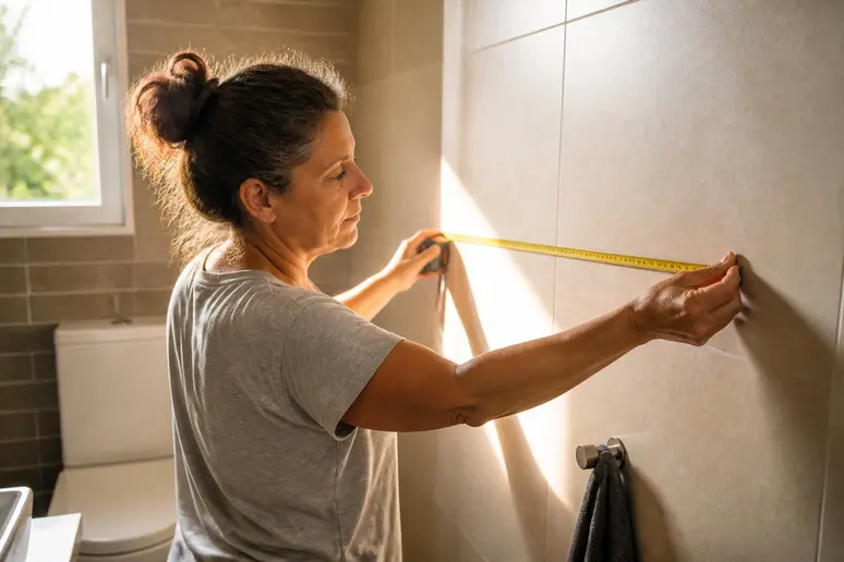 Femme mesurant un mur de salle de bain pour choisir l'emplacement idéal d'une étagère murale.