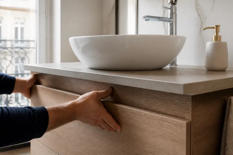 Ajustement d'un meuble de salle de bain pour une vasque à poser, mettant l'accent sur l'atteinte d'une hauteur ergonomique finale.