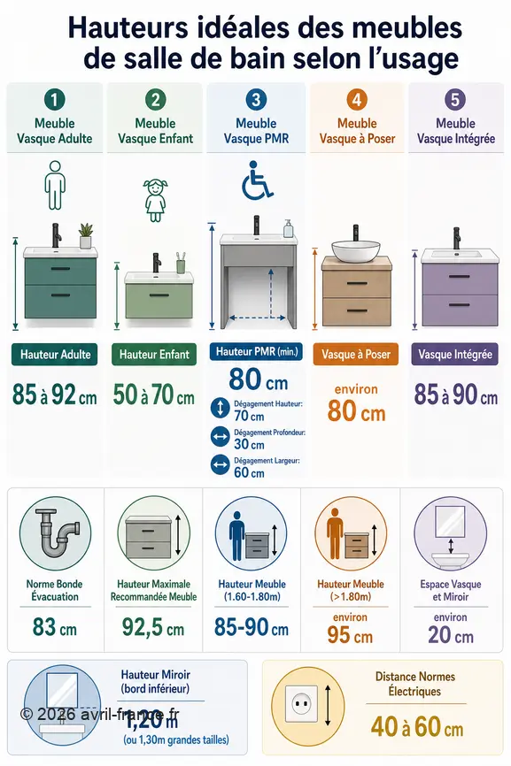 Comparaison des hauteurs de meubles de salle de bain pour adultes, enfants, PMR, vasques à poser et intégrées.