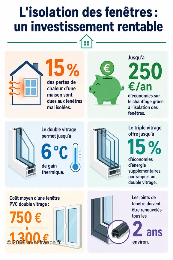 Infographie illustrant les économies d'énergie et financières liées à l'isolation des fenêtres.