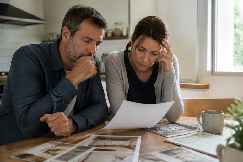 Couple français examinant des documents liés à des projets de rénovation potentiellement affectés par MaPrimeRénov'.