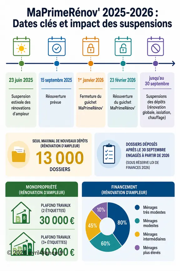 Résumé des dates de suspension, seuils et taux de financement de MaPrimeRénov' pour les projets de rénovation d'ampleur.