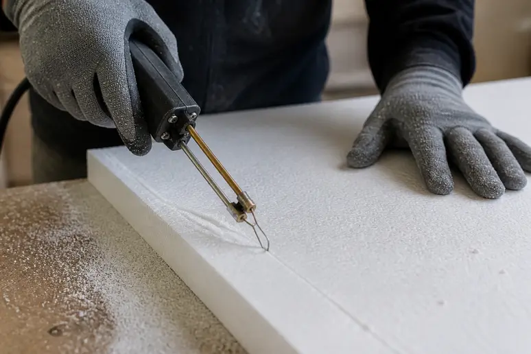 Les mains d'un professionnel découpent une plaque de polystyrène avec précision à l'aide d'un fil chaud spécialisé.