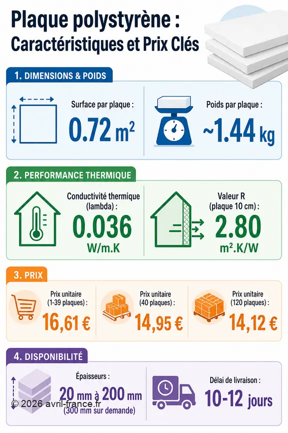 Infographie présentant les dimensions, le poids, les performances thermiques et les prix des plaques de polystyrène.