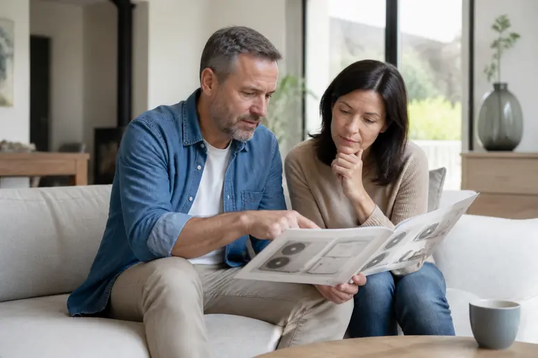 Couple français étudiant les différents modèles de pompes à chaleur et leurs tarifs associés dans un catalogue illustré.