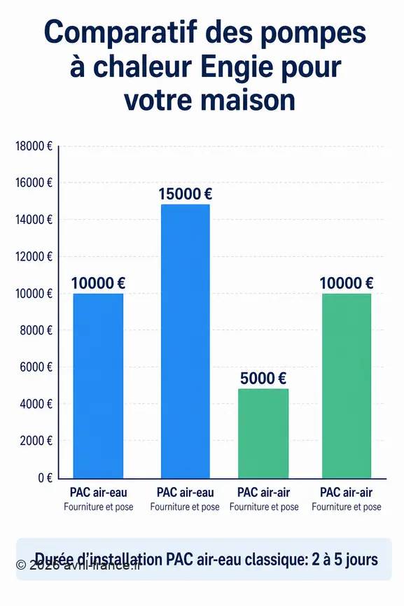 Comparaison des prix et durée d'installation des pompes à chaleur air-eau et air-air Engie.