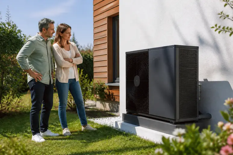 Couple français évaluant une pompe à chaleur air-eau installée dans leur jardin fleuri, par une journée ensoleillée.
