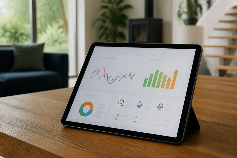 Tablette affichant des données de performance et un graphique d'une pompe à chaleur, posée sur une table dans un salon lumineux.