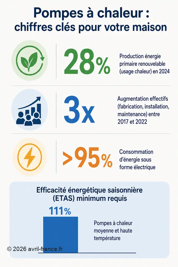 Infographie sur les pompes à chaleur : part de l'énergie renouvelable, croissance des emplois, consommation électrique et efficacité énergétique.
