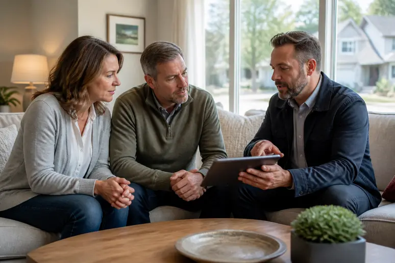 Un couple consulte un professionnel en rénovation dans leur salon pour choisir un système de chauffage efficace.
