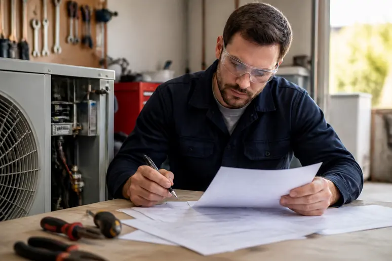 Un installateur examine une demande d'aide financière pour un projet d'installation de pompe à chaleur.