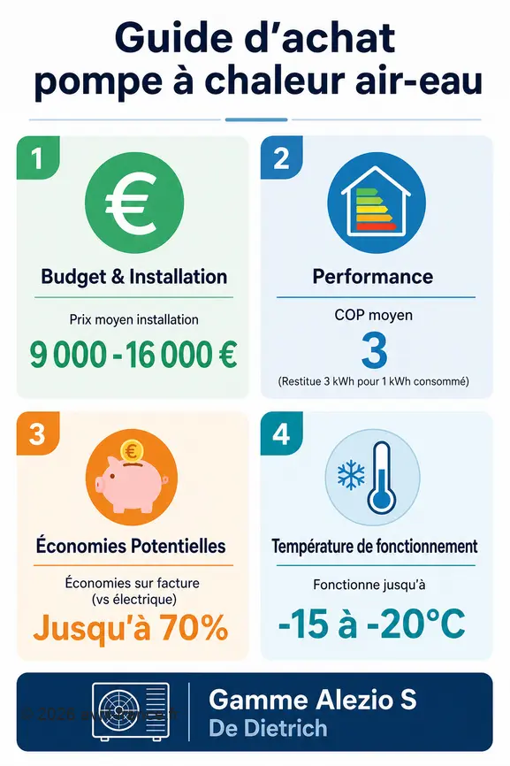 Infographie présentant le budget, le COP moyen, les économies potentielles et les températures de fonctionnement des pompes à chaleur air-eau.