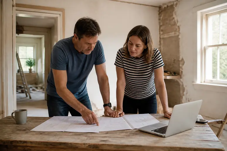 Couple examining plans and budget on a table in a room undergoing renovation.