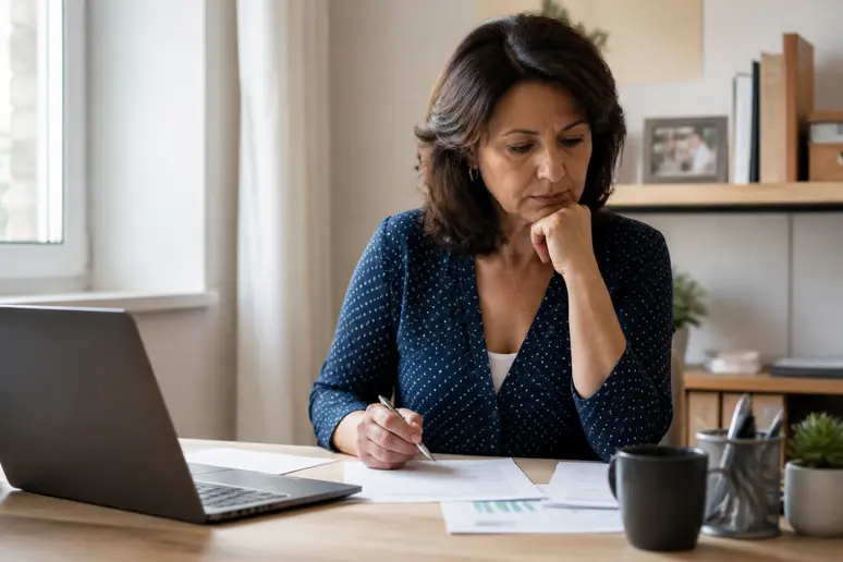 Woman reviewing loan documents and financial figures at her desk at home.
