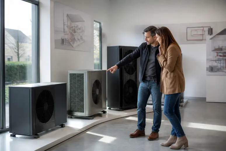 Couple évaluant différents modèles de pompes à chaleur dans une salle d'exposition lumineuse, comparant les options disponibles.