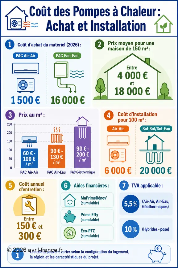 Comparaison des prix d'achat, d'installation, d'entretien et des aides pour différentes pompes à chaleur.
