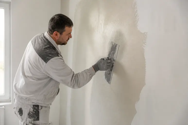 Un artisan applique un enduit de lissage sur un mur intérieur d'une maison en France avec une grande spatule.