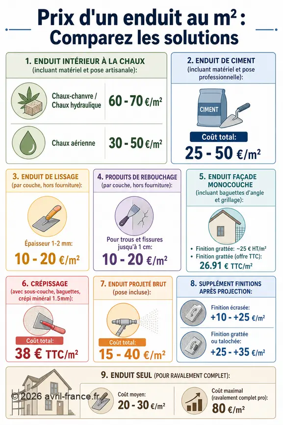 Comparaison des prix au mètre carré pour divers enduits intérieurs et extérieurs, incluant finitions et main-d'œuvre.