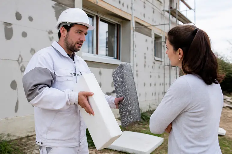 Un couvreur explique les différentes techniques d'isolation extérieure devant une maison en rénovation, France.