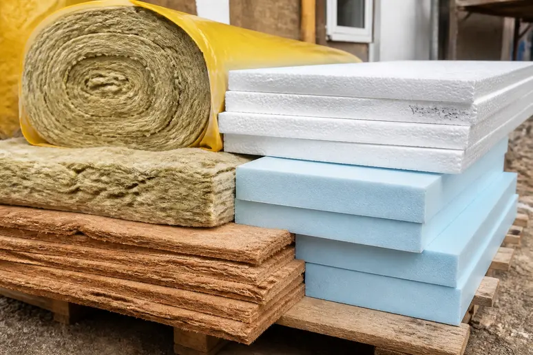 Mise en avant des différents matériaux isolants pour façades : laine de roche, polystyrène, fibre de bois.