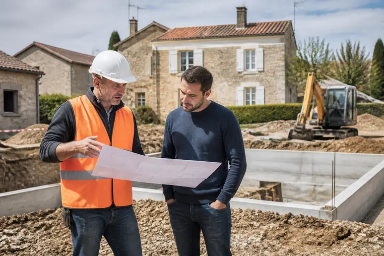Un ouvrier explique les plans d'un chantier de terrassement à un propriétaire dans le nord de la France.