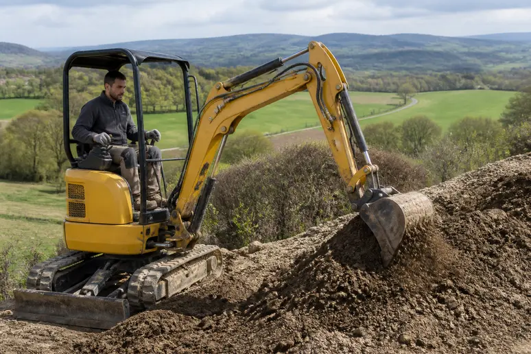 Un ouvrier manœuvre une mini-pelle pour niveler un terrain en pente en France.