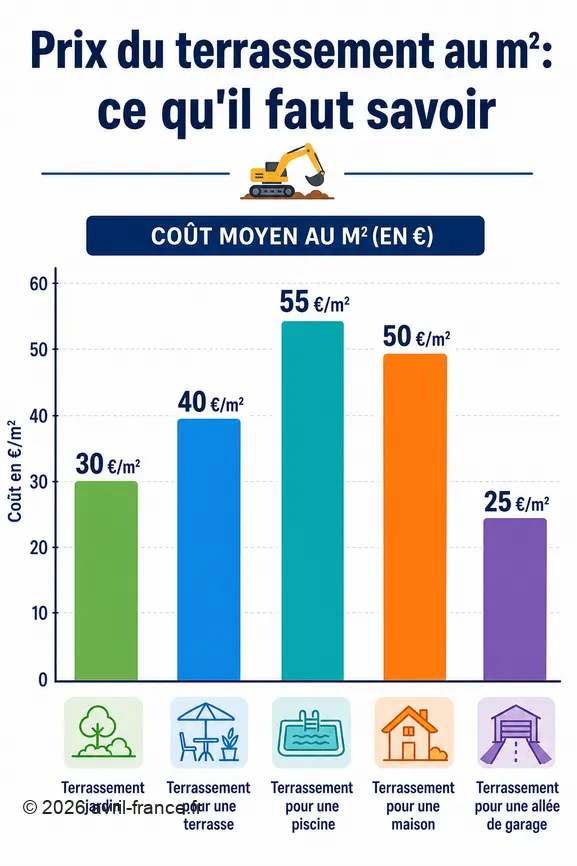 Comparaison des prix moyens du terrassement au m² pour différents types de projets de construction et d'aménagement paysager.