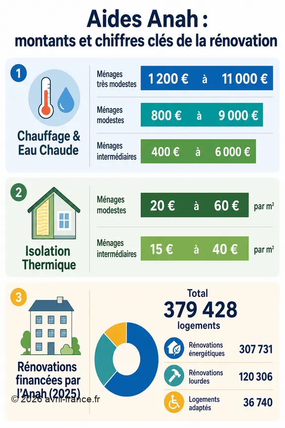 Montants des aides Anah pour chauffage et isolation, et chiffres clés des rénovations en 2025.