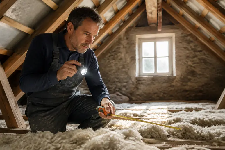 Un homme inspecte l'isolation d'un grenier français avec une lampe et un mètre ruban, lumière naturelle.
