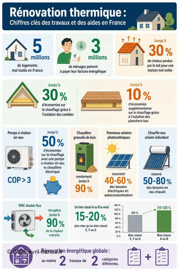 Infographie sur la rénovation thermique en France : chiffres clés sur les économies d'énergie, les travaux et l'impact sur la valeur immobilière.