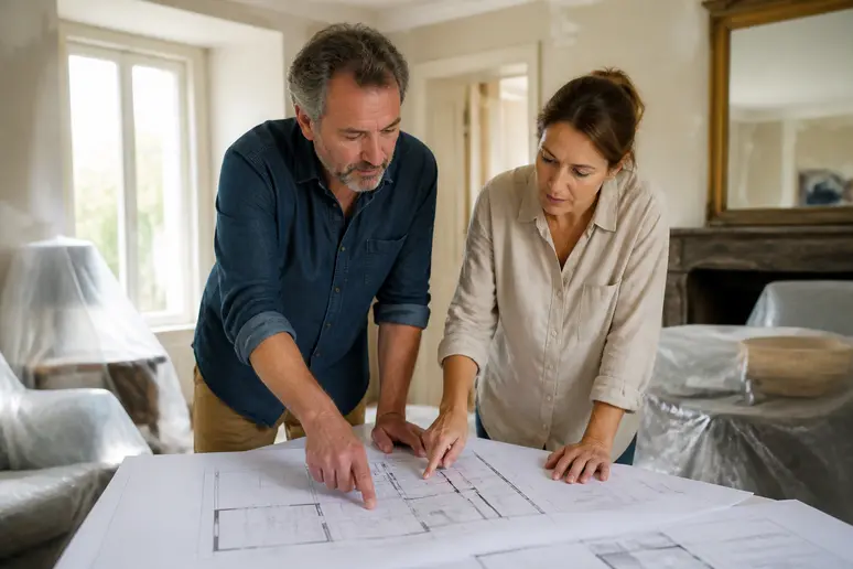 Un couple français examine les plans de rénovation de leur maison, discutant des étapes importantes pour préparer le projet.