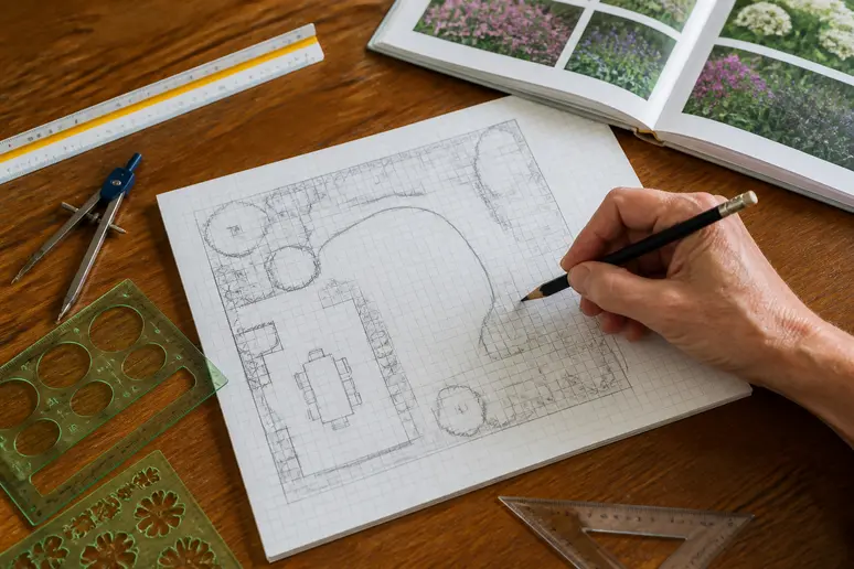 Mains dessinant un plan d'aménagement de jardin avec des outils de mesure à proximité.