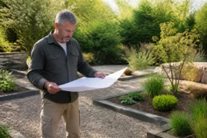 Plan d'agencement jardin réalisé par un jardinier expérimenté sur un plan posé au sol