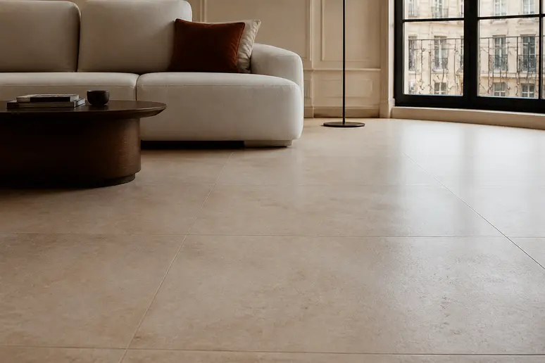 Gros plan sur un sol en carrelage beige mat, doux et non réfléchissant, dans un salon lumineux.