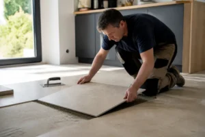 Pose de carrelage beige mat dans une cuisine moderne en cours de rénovation par un artisan.