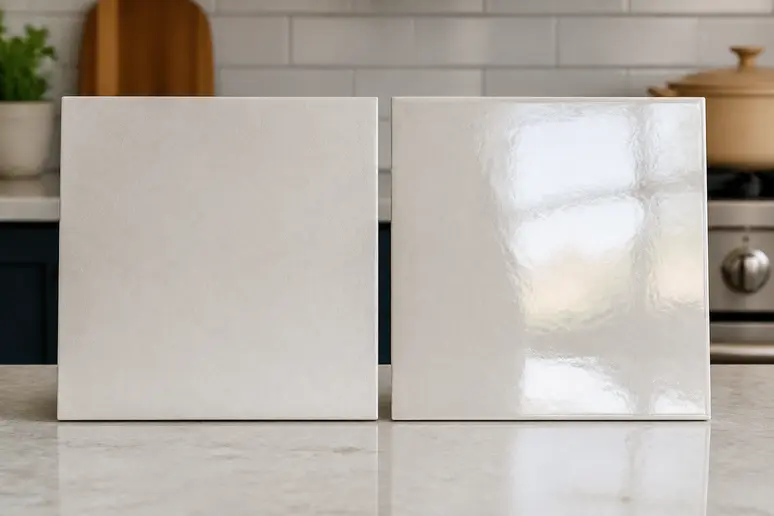 Comparaison visuelle entre un carrelage de cuisine à finition mate absorbant la lumière et un brillant réfléchissant.